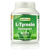 Greenfood L-Tyrosin, 450 mg, hochdosiert, 120 Vegi-Kapseln, wirkt wie Dopamin (Glückshormon). OHNE künstliche Zusatzstoffe
