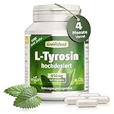 Greenfood L-Tyrosin, 450 mg, hochdosiert, 120 Vegi-Kapseln, wirkt wie Dopamin (Glückshormon). OHNE künstliche Zusatzstoffe