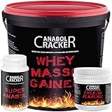 Whey Masse Gainer, Eiweißpulver, 3000g Eimer, Erdbeere, Toffi oder Vanille + 240 Kapseln Creatin / Kre-Alkalyn + 100 Kapseln Super Anabol