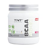 TNT BCAA Pulver (Aminosäuren) Aminos 2:1:1 (Leucin, Isoleucin, Valin), Vegan 390g Dose (Raspberry)